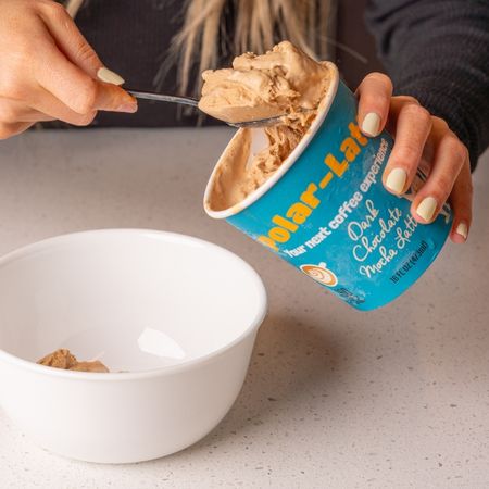 Dark Chocolate Mocha Latte being scooped into a bowl